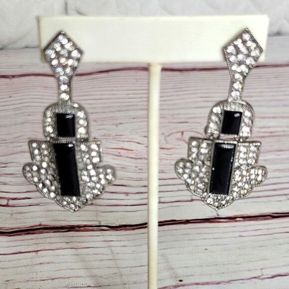 Vintage Art Deco Style Rhinestone Hanging Earrings - Picture 2 of 5